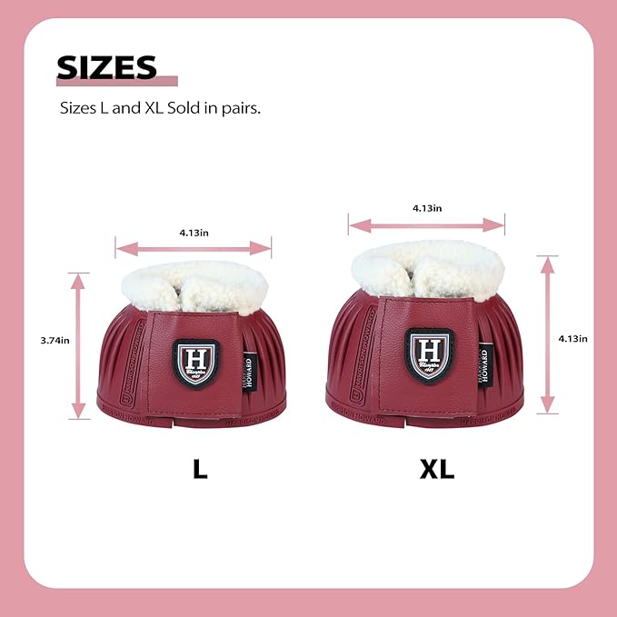 Harrison Howard Rubber Pull-on Bell Boots with Fleece Lining and Extra-Large Leather Touch-Close Tape Hoof Overreach Protection for Horses Sold in Pairs Wine Red L