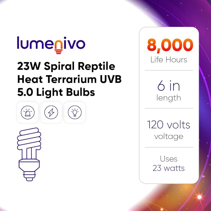 lumenivo 23 Watt UVB Reptile Light 5.0 23W Spiral Reptile Heat Terrarium Light Bulbs for Turtles, Gecko, Tortoise, Snake, Lizard, Chameleons, and Insects - 120V - 2 Pack