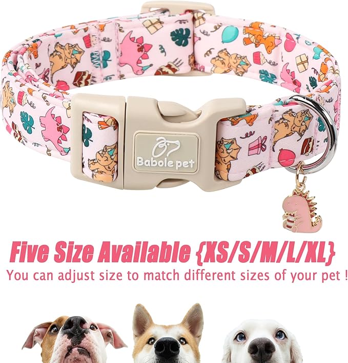 Cute Dinosaur Dog Collar, Adjustable Pink Dino Dog Collars for Small Dogs, Lightweight Quick-Release Buckle Birthday Collar for Boy&Girl Dogs S