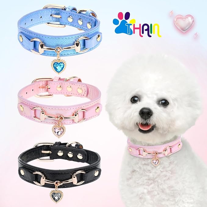 THAIN Fashion Dog Collar with Bling Diamonds & Heart Charm – 5 Holes Adjustable PU Leather Rhinestones Necklace Collar, Gold Buckle for Small Dogs Girl boy (Blue, XS)