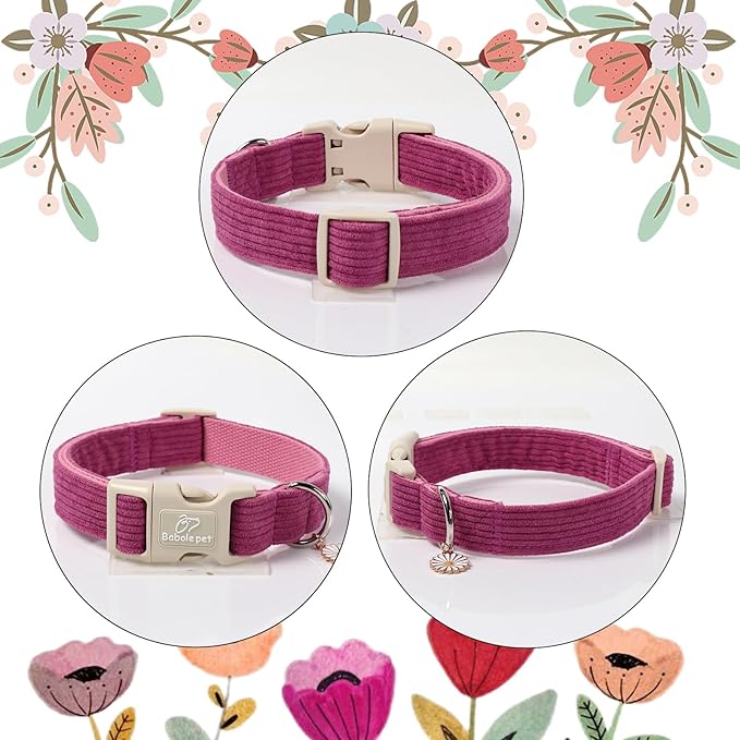 Cute Corduroy Dog Collar - Fuchsia Adjustable Dog Collars for Large Dogs 50-80lbs, Fade-Proof with Secure Snap & Little Charm, Christmas Birthday Gift, L