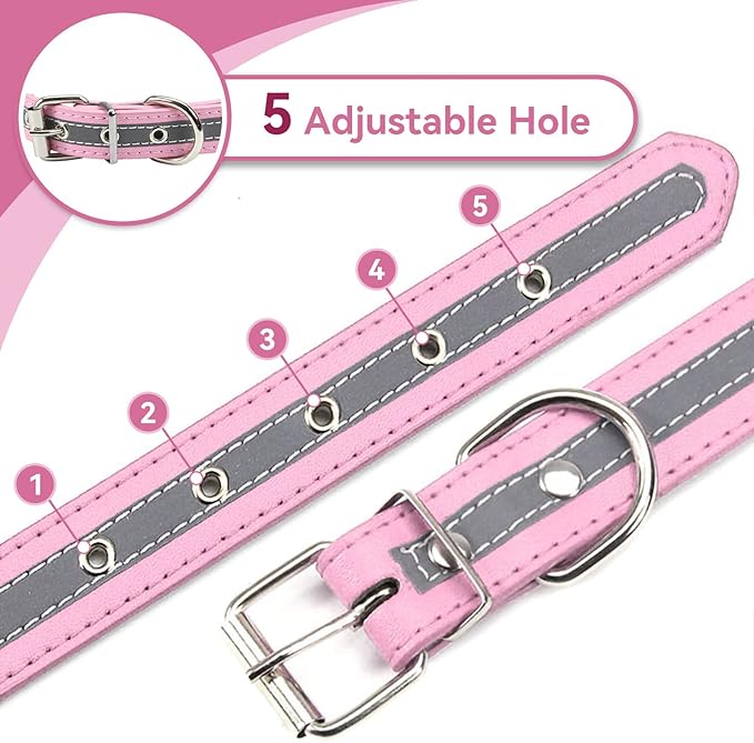 PETCARE Reflective Dog Collar with Cute Paw Rivet Studded Funny Soft PU Leather Adjustable Puppy Dog Collars for Small Medium Large Dogs Cats (Pink,XX-Large)