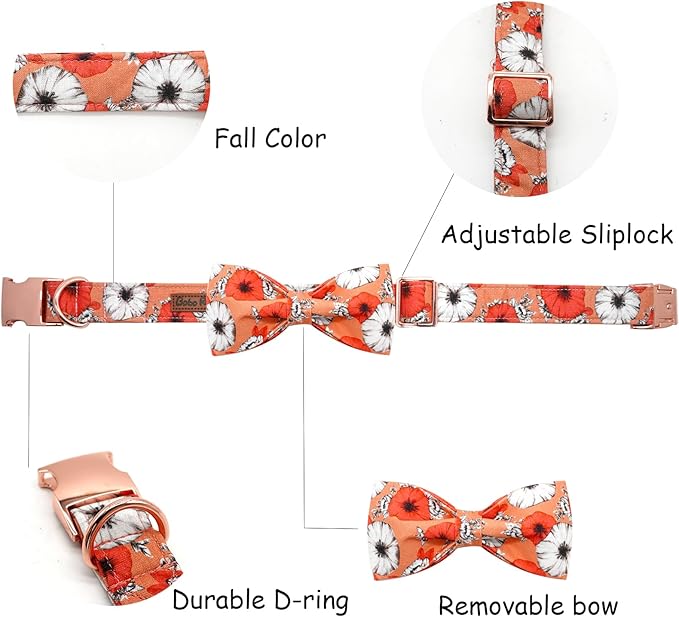 Fall Dog Collar, Pet Collar Bow Floral Pet Collar Girl Boy Holiday Collars Gift Bow Cute Soft Puppy Collars for X-Small