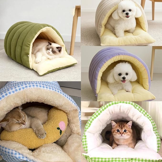 Expectation Cat Bed, Removable and Washable Winter Closed-Off Cat Bed, Soft Fluffy Warm Autumn/Winter Cats House, Washable Non-Slip Pet Sleeping Bag for Indoor Cats Small Dogs (E,Large)