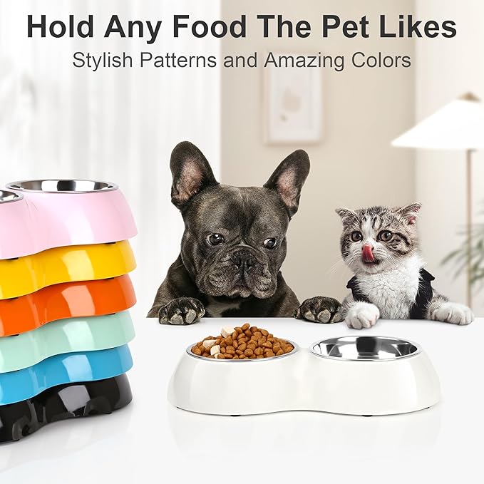 Stainless Steel Dog Bowls Set – Dual Non-Slip Pet Dishes with 2 Small (4oz*2) Bowls & Durable Resin Stand,Food & Water Feeder for Puppies, Kittens, and Small Breed Dogs– White