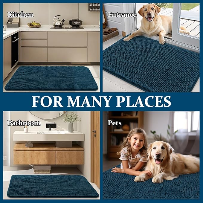 OLANLY Dog Door Mat Set 4-Piece 36x24, Absorbs Moisture and Dirt, Absorbent Non-Slip Washable Doormat, Quick Dry Chenille Mud Mat for Dogs, Entry Indoor Entryway Carpet for Inside Floor, Atlantic Blue