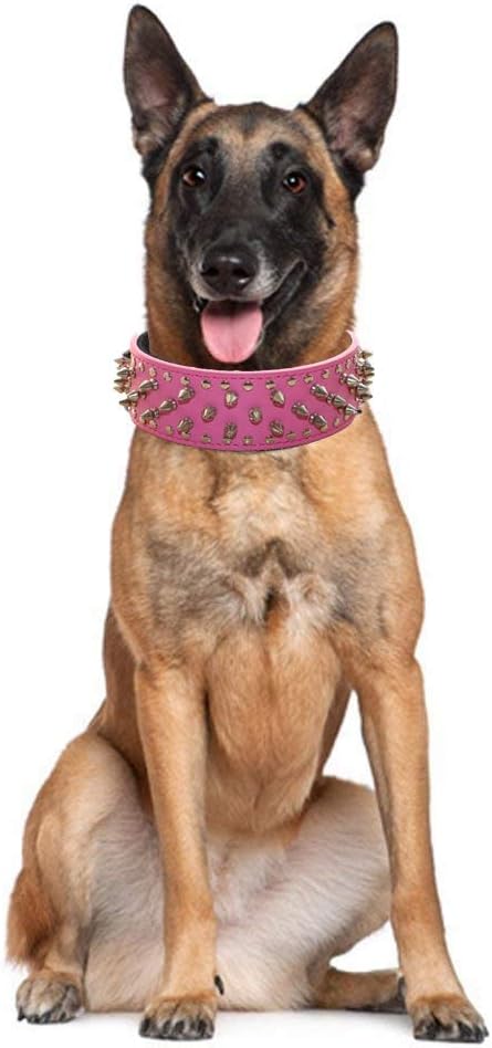 Serijoars Spiked Studded Dog Collar, PU Leather Dog Collar, Adjustable Pet Collars for Medium or Large Breed Pet (XL, Hot Pink)