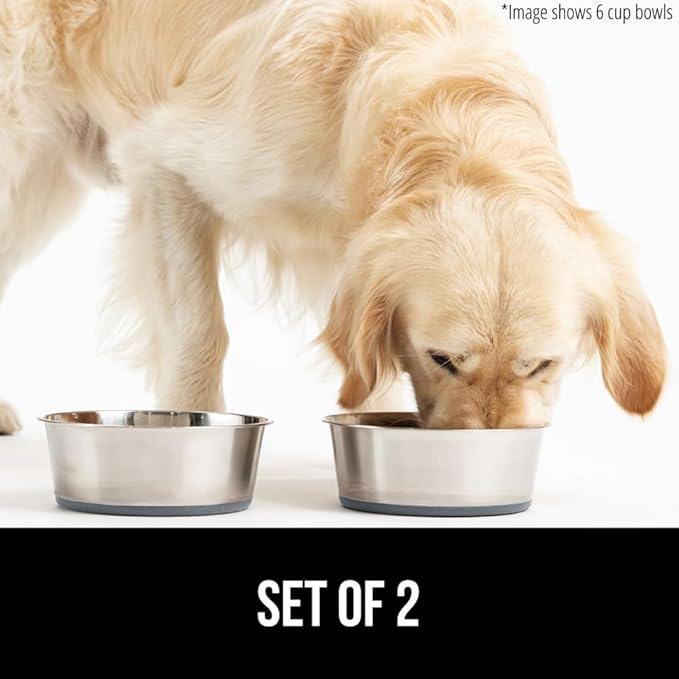 GORILLA GRIP Dog Bowls, Holds 1 Cup Each (8 fl oz), Heavy Duty Stainless Steel Food and Water Bowl for Feeding Dogs and Cats, Dishwasher Safe, Rust Resistant Metal, BPA Free Rubber Base, Set of 2 Gray