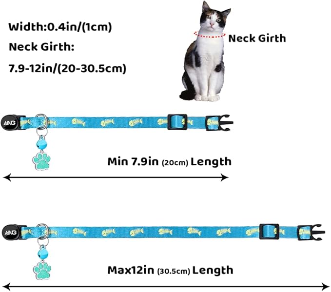 Personalized Breakaway Cat Collars Glow-in-The-Dark with ID Tag, Bell - Safety Quick - Release, Customizable for Female Male Kittens & Cats (Blue)