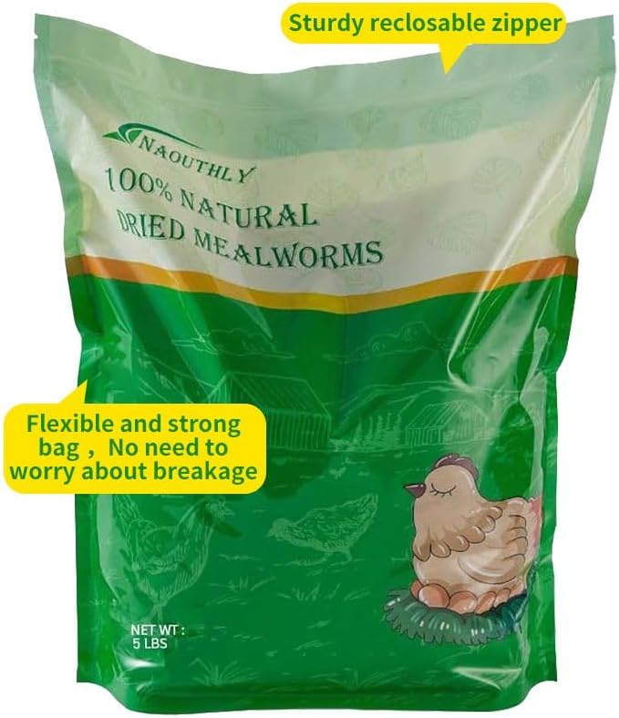 Bulk Dried Mealworms 5Lb Bag -Premium Non-GMO Dried Mealworms for Chicken, Nutritious High Protein - 100% Natural Mealworms for Laying Hens, Birds, Ducks, Chicken Feed