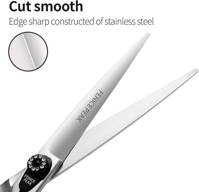 Fenice Peak 8.0'' Professional Dog Grooming Scissors Set with Black Non-Slip Handle 440C Stainless Steel Straight Thinning Curved Chunker Shears 4pcs Set for Pet Grooming Services