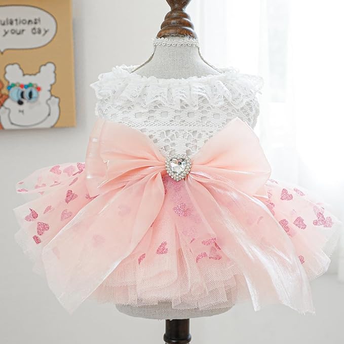 Dog Princess Dress with Heart Patterns & Bow Puppy Clothes for Small Dogs Girl Fancy Cat Birthday Outfit Pet Wedding Dresses(Pink White, Large)