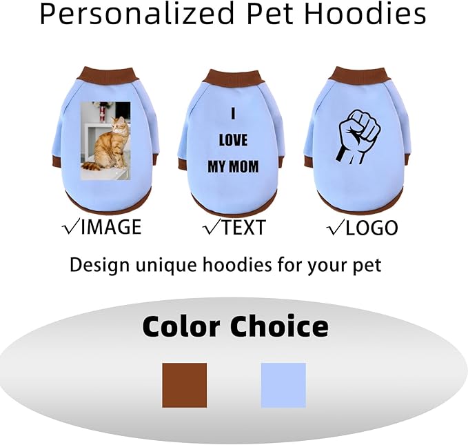 Custom Dog Hoodie, Personalized Sweatshirt with Photo Text Name Logo, Customized Hooded Sweater for Small Medium Large Dogs & Cats (Blue + Brown Border, Large)