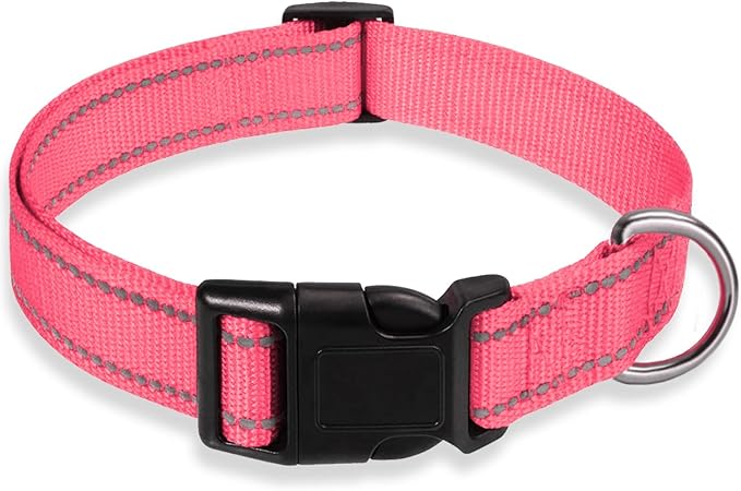 Reflective Dog Collar with Buckle Adjustable Safety Nylon Collars for Small Medium Large Dogs, Light Pink S