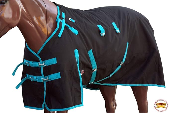 HILASON Black with Turquoise Trims 70 inch 1200D Winter Waterproof Poly Horse Turnout Blanket Belly Wrap