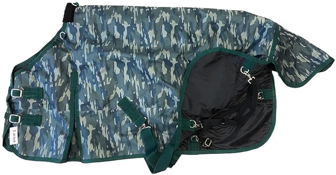AJ Tack 1200D Waterproof Winter Horse Blanket with Hood - 400g Heavyweight Turnout with Fleece Collar, Shoulder Gussets & Tail Flap - Camouflage 68"