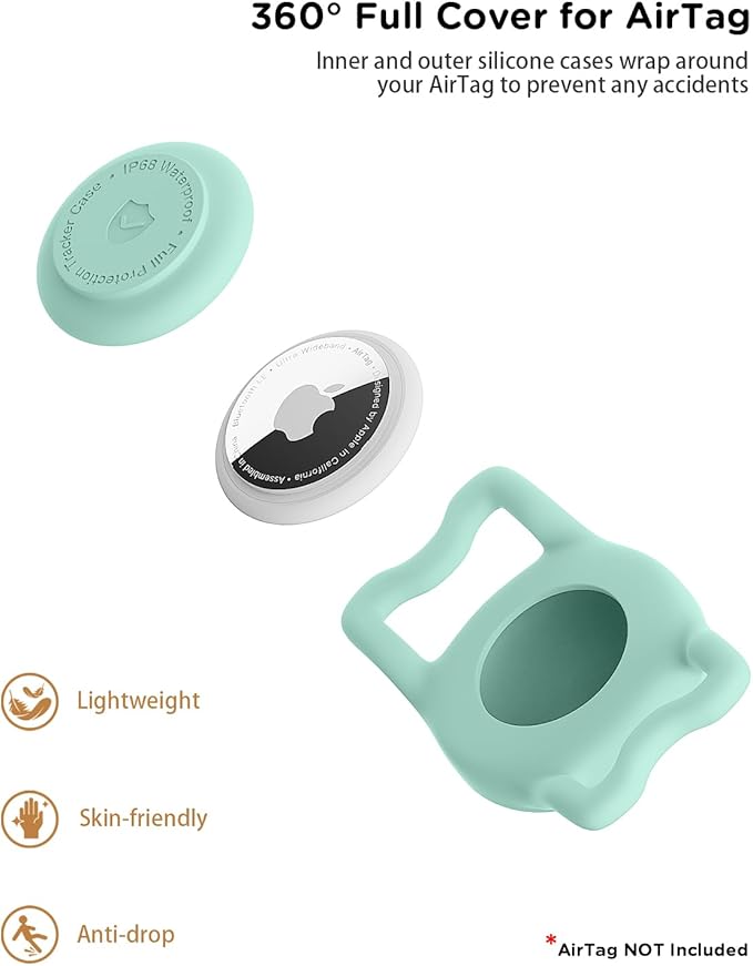 IP68 Waterpoof Dog Airtag Holder, Stretchy Silicone Full Body Covered Apple Air Tag Holder for Dog Cat Collar Fit All Width Collar (Green/Rose, 2 Pack)