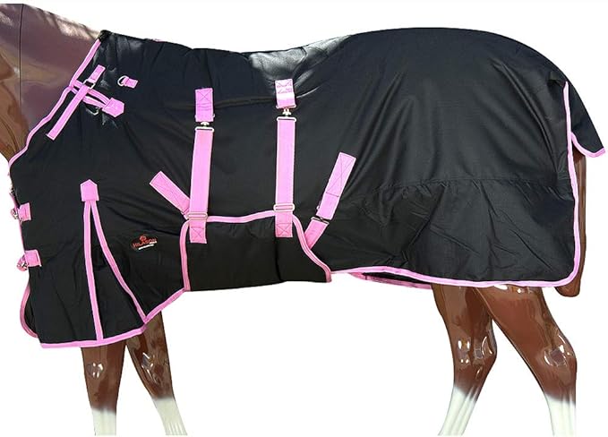 HILASON Black with Pink Trims 78 Inch 1200D Winter Waterproof Poly Horse Turnout Blanket Belly Wrap