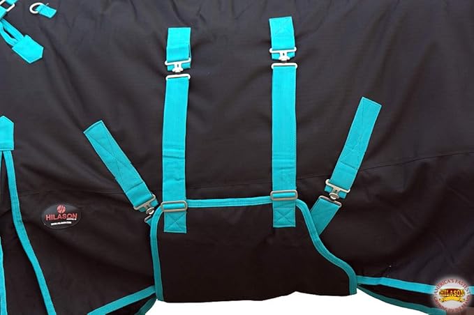 HILASON Black with Turquoise Trims 84 inch 1200D Winter Waterproof Poly Horse Turnout Blanket Belly Wrap