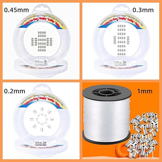 Aboda Heavy Duty Fishing Line 1mm 100lb Test 328 Ft Value Pack with Crimp Sleeves, Clear Monofilament Fishing Line - Strong Invisible Fishing Wire for Crafts, Hanging Decorations, and Pictures
