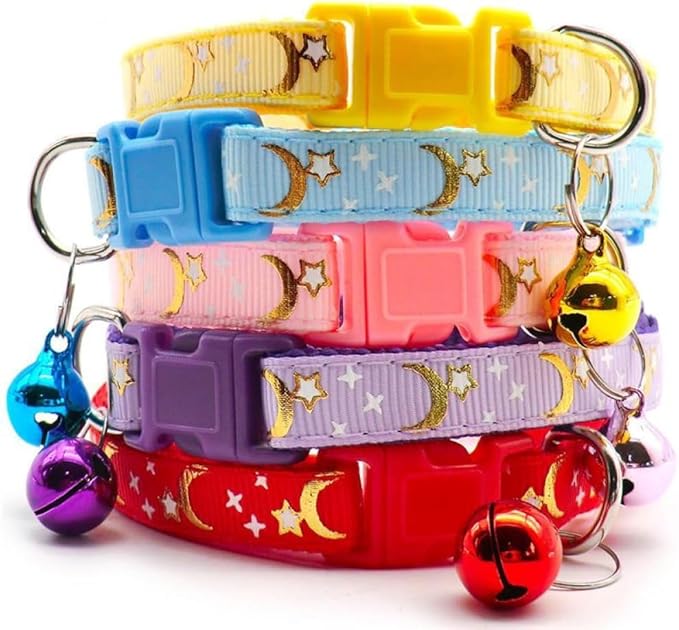 Reflective Cat Collars Breakaway with Bell Moons Stars 2 Pack Girl Boy Pet Kitten Collar Adjustable 7.5-12.5 Inch (Blue)