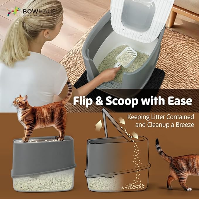 Fully Enclosed Cat Litter Box w/Lid, Scoop, Cat Mat & Odor Fitter, Large Plastic Cat Toilet with Double Door, Anti-Splashing Cat Litter Box with Lockable Front Door, Dark Grey