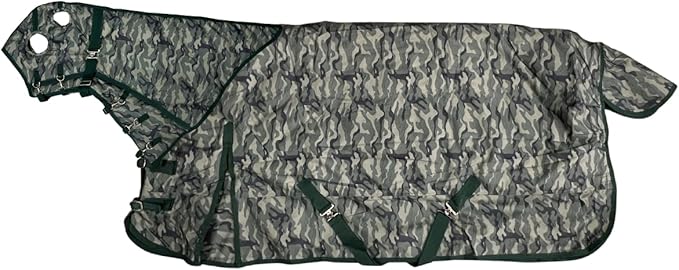AJ Tack 1200D Waterproof Winter Horse Blanket with Hood - 400g Heavyweight Turnout with Fleece Collar, Shoulder Gussets & Tail Flap - Camouflage 72"