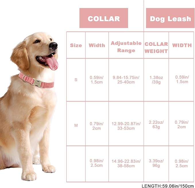 Genuine Leather Dog Collar - Adjustable Pet Collar with Quick Release Metal Buckle, Soft Skin Friendly Real Leather Collar for Small, Medium, Large Dogs (Pink Collar + Rope, M：Fit 12-20" Neck)