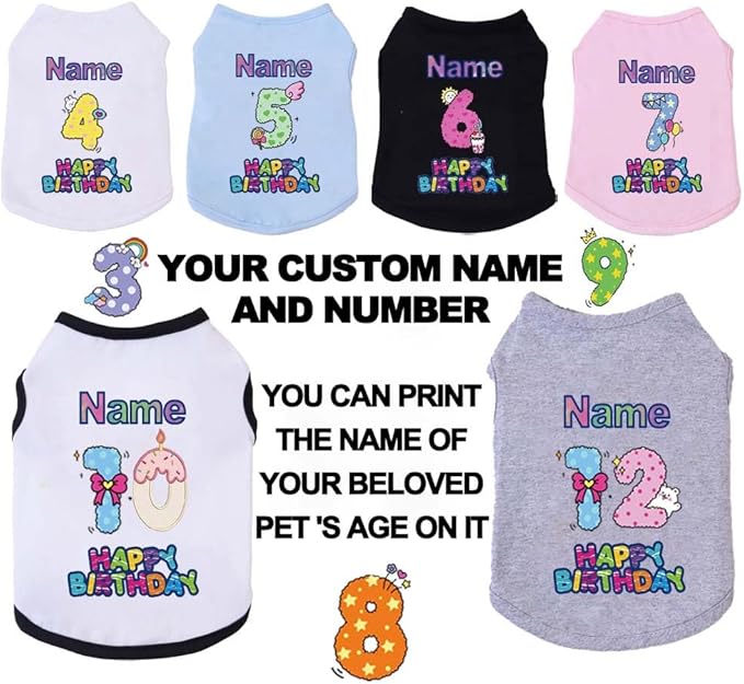 Custom Dog Birthday Shirt,Personalized Pet Apparel Print with Name Age Number,Pet Birthday Outfit,Lightweight Breathable Cotton Vest for Small Medium Large Dogs Cat (Blue, Large)