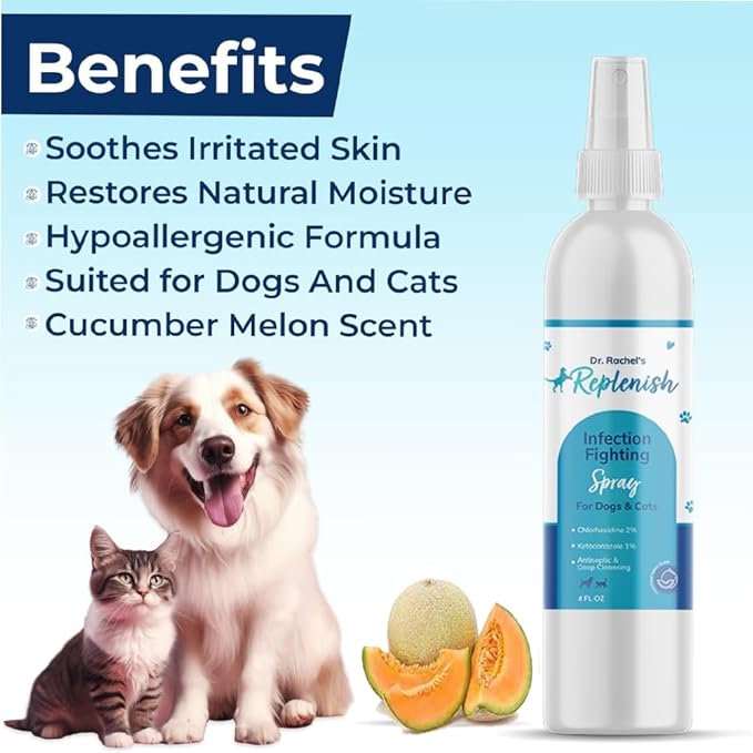 Replenish Antiseptic Spray for Dogs – Medicated Anti Itch Spray for Pets – Chlorhexidine & Ketoconazole Pet Spray – Dog Itching Skin Relief - Antiseptic Spray for Cats Skin Allergy – 8 oz