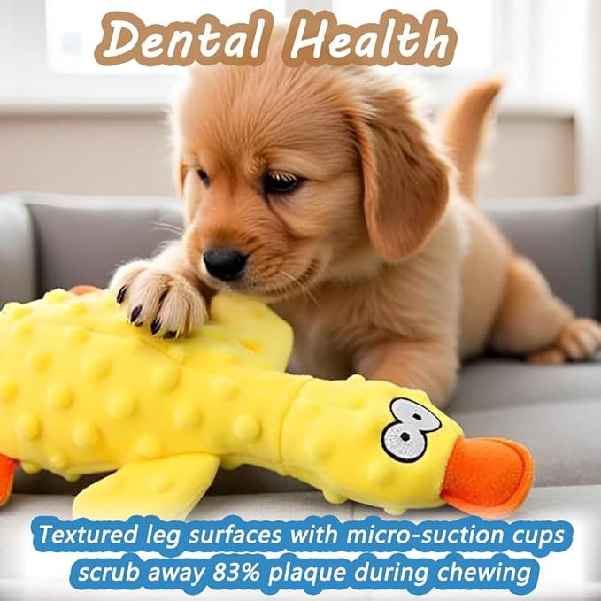 OUANGANC Calming Duck Dog Toy for Aggressive Chewers, Make a Crinkly Crunchy Noise, with Squeaker, 2025 Upgraded Indestructible Puppy Teething Toys, for Small to Medium Dog Breeds (Blue 10.6in)