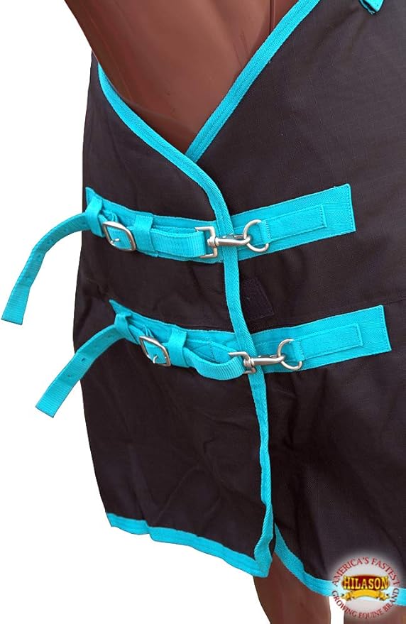 HILASON Black with Turquoise Trims 70 inch 1200D Winter Waterproof Poly Horse Turnout Blanket Belly Wrap