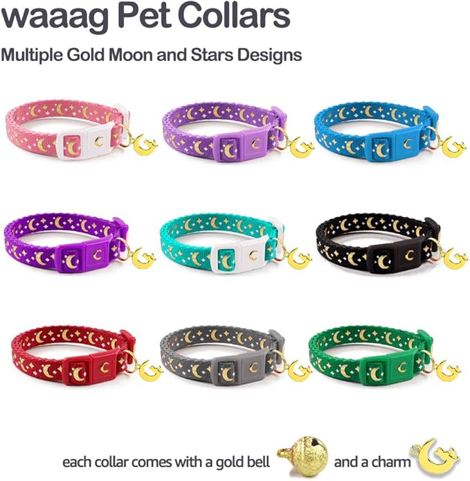 WAAAG Cat Collars, Gold Moons and Stars Cat Collar, Safety Breakaway Cat Collar, Glow in The Dark (Kitten 6.5"-10" Neck, Royal Blue)