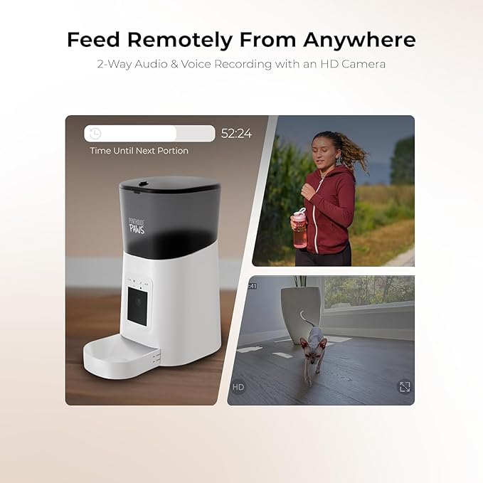 Smart HD Cat Feeder, 2 Way Audio + Voice Recording, Automatic Feeder for Dog with 1080p Night Vision Camera, WiFi App Controlled, Battery Backup, Anti Jam 6L Upto 15 Daily Meals, White