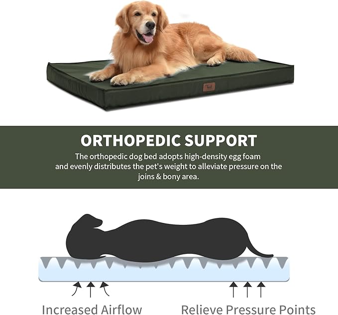 Outdoor Extra Large Dog Bed, Jumbo Waterproof Dog Bed for Large Dogs, Orthopedic Egg Foam Pet Bed Mat with Removable Oxford Cooling Cover, Dark Green
