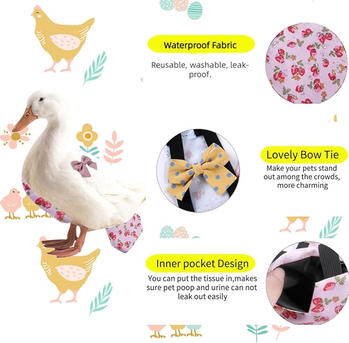 MANON ROSA Chicken Diapers Bantam Hens - Reusable 3-Piece Set with Bow Ties Poultry Nappies Washable Waterproof for Geese Pet Ducks Silkie (Graphic L)