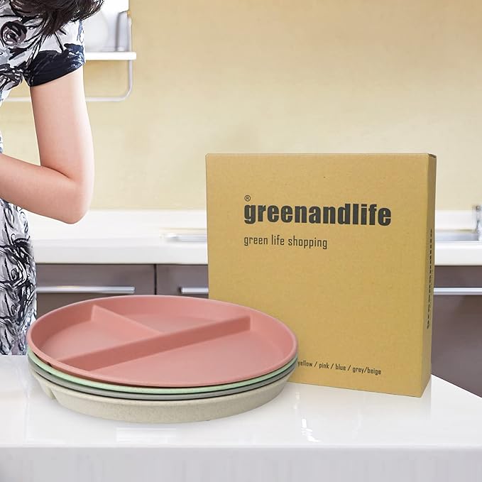 greenandlife 10 Inch 4PCS Unbreakable Portion Control Plates, Divided Plates for Kids Adults, Dishwasher & Microwave Safe Compartment Plate, Lightweight Reusable Wheat Straw Plate, BPA Free