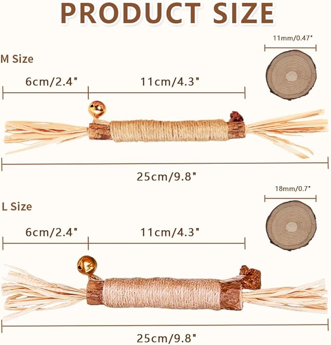 Natural Dried Matatabi Cat Chew Stick with Gall Fruit, Raffia Grass & Bell Cat Ball Toys, Handmade Silvervine Sticks Interactive Catnip Toys for Teething & Entertainment (Size M Color D)