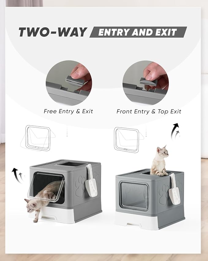 Enclosed Cat Litter Box, Large Litter Box for Big Cats, Covered Kitty Litter Boxes with Lid, Top Entry Cat Box Enclosure with Scoop, Odor Control, Easy to Clean(Grey)