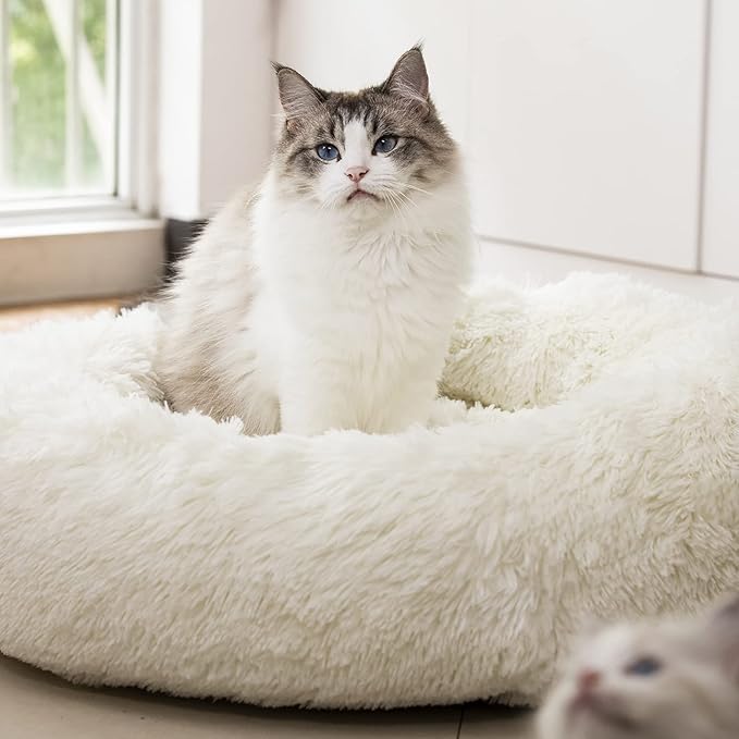 Anti Anxiety Round Fluffy Plush Faux Fur Warm Washable Dog Bed & Cat Bed, Original Bed for Small Medium Large Pets,Used to Relieve Joints and Improve Sleep（20"/24"/27''） (24", White)