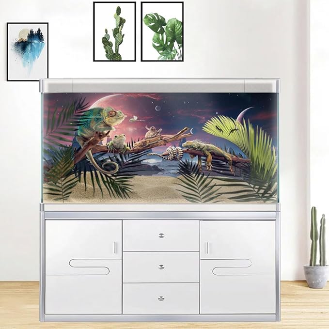 24X12IN Cosmic Spaceterrarium Background, Cool Parallel Space Themed Aquarium Reptile Habitat Background, Red Moon Aquarium Background with 10EVA Double-Sided Tape