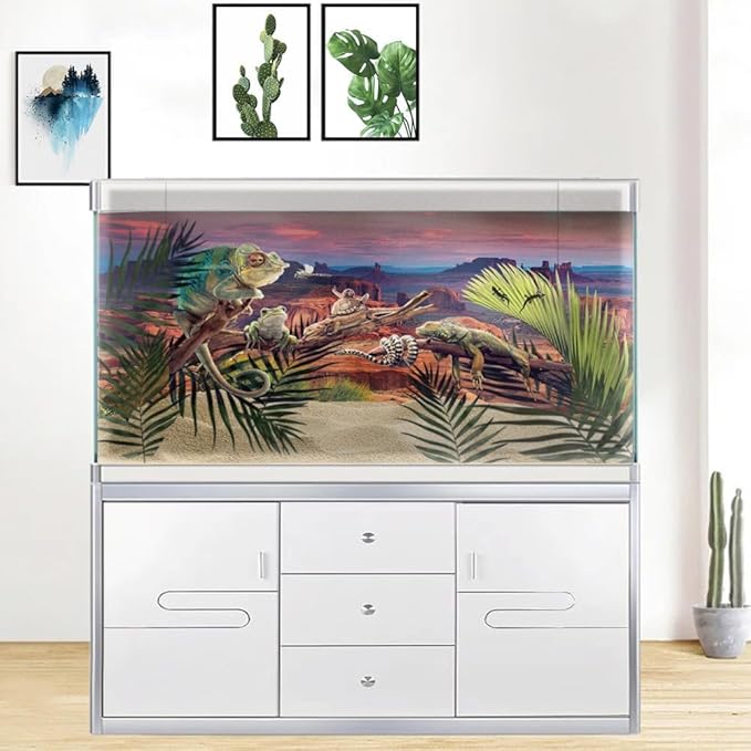 36X20IN Desert Loess Rock Cactus Oasis Reptile Habitat Background, Natural Sunset Desert Themed Terrarium Background, Aquarium Background with 10 EVA Double-Sided Tape