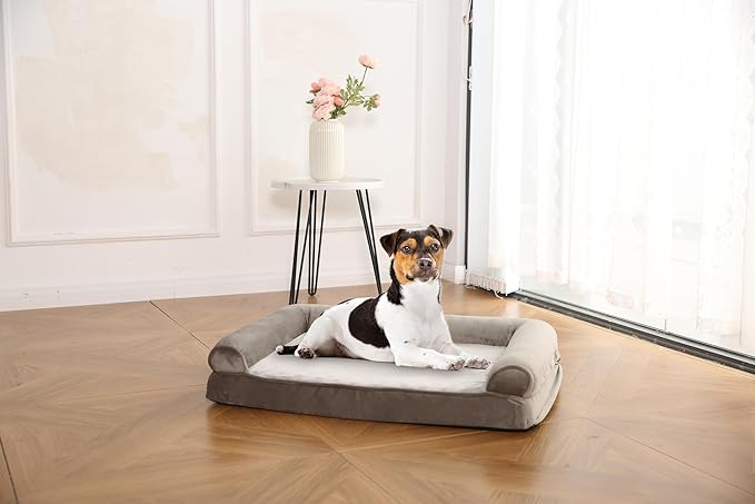 Amazon Basics Dog Bed with Cooling Gel Memory Foam, Pressure-Relief Support for Dogs up to 30lbs, Non-Slip Bottom, Machine Washable Cover, Medium Sized (30" x 20"), Brown