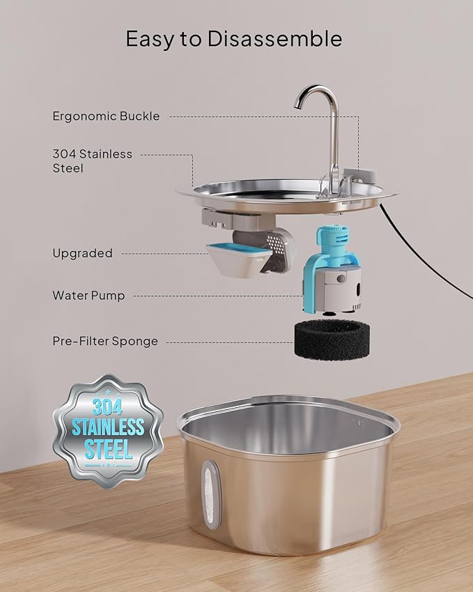 PEKTACO Stainless Steel Cat Water Fountain, 3.2L/108oz Cat Water Dispenser with Quiet Water Pump and Water-Level Window, Dishwasher Safe Pet Drinking Fountain for Cats with 3 Filters + 3 Sponges