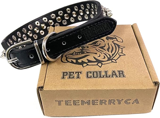 TEEMERRYCA Adjustable Microfiber Leather Spiked Studded Dog Collars with a Squeak Ball Gift for Small Medium Large Pets Like Cats/Pit Bull/Bulldog/Pugs/Husky, Black, XS 8.3-10.6 inches