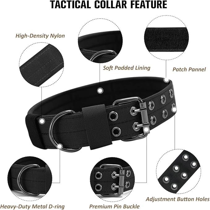 Tactical Dog Collar Military Adjustable Dog Collars Soft Nylon Training Collar with Patch Heavy Duty Metal Buckle Collars for Medium Large Dogs (Black-1, XL)