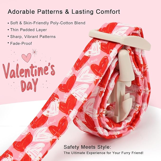Valentines Dog Collar for Large Dogs - Cute Pink Girl Dog Collar, Doodle Heart Pattern, Adjustable Valentine Dog Collars with Red Heart Charm L