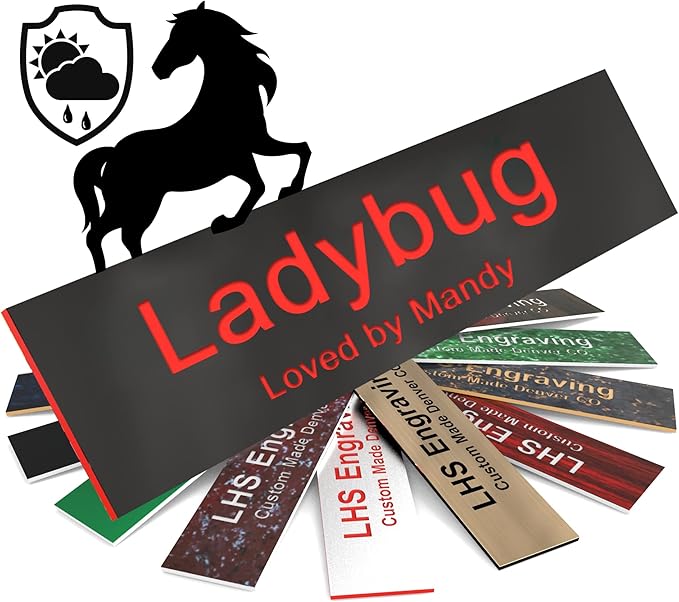Horse Stall Name Plate, 2x6 Personalized Stall Signs, UV Protected, All Weather Adhesive, Hanging, Mounting or Other, Plastic with Red Letters - Made in USA - B19