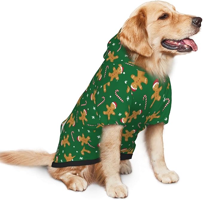 Green Christmas Gingerbread Men Candies Hoodie,Christmas Cosplay Dog Clothes with Pocket and Hat Winter Clothes Sweaters Xx-Large
