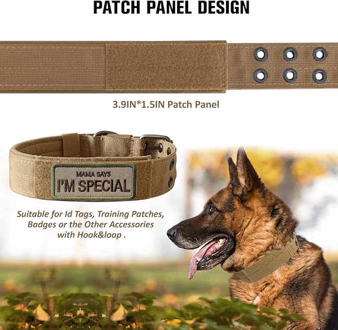 Tactical Dog Collar Military Adjustable Dog Collars Soft Nylon Training Collar with Patch Heavy Duty Metal Buckle Collars for Medium Large Dogs (Brown, M)
